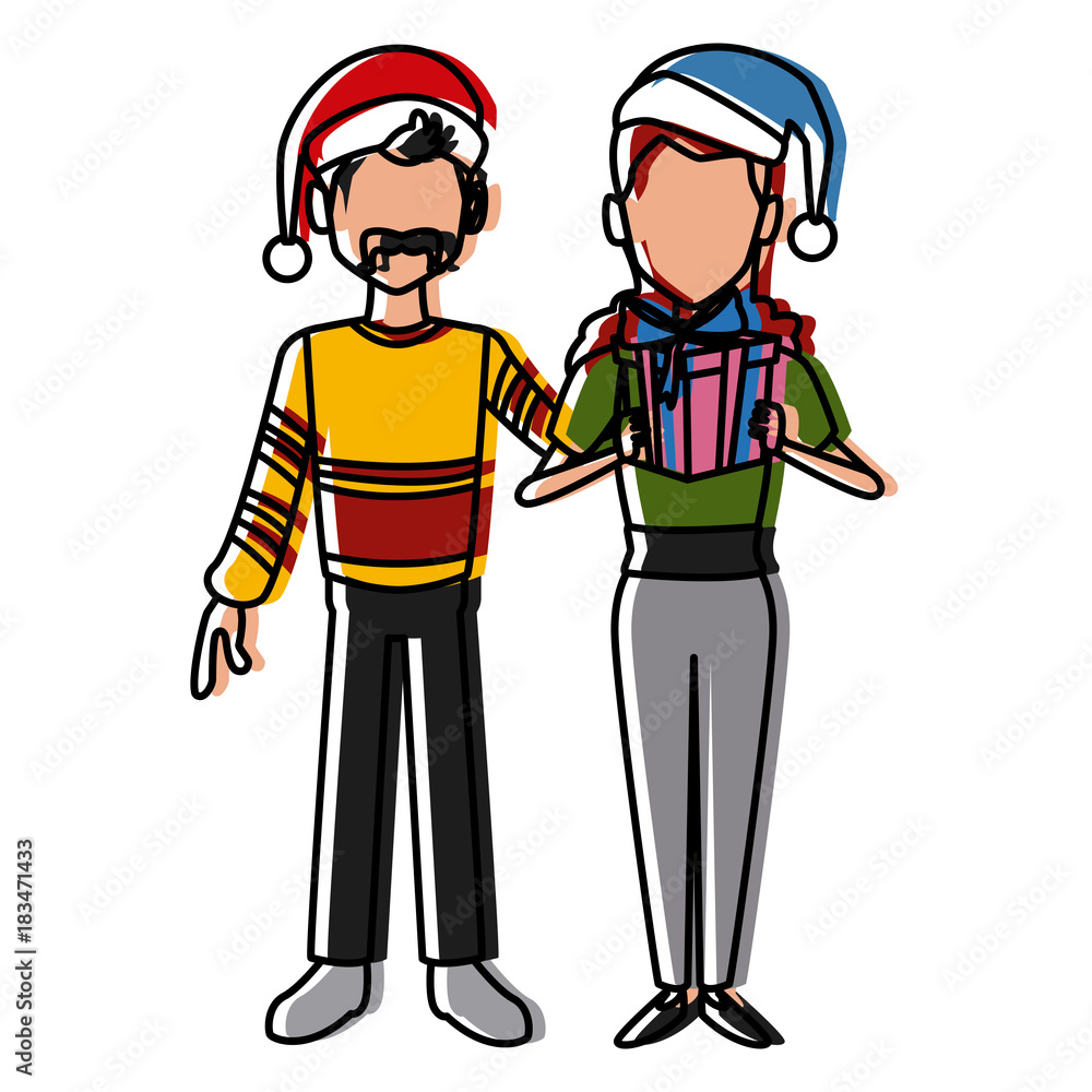 Beautiful couple with christmas hats icon vector illustration graphic design Beautiful couple with christmas hats icon vector illustration graphic design