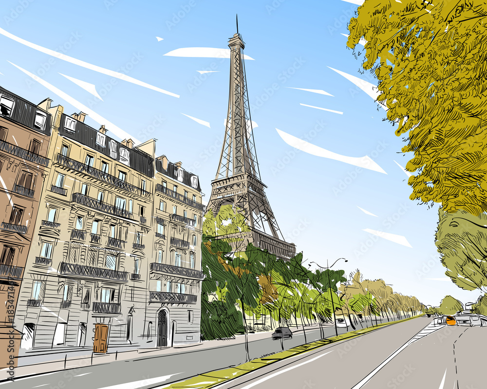 Fototapeta premium Szkic wektor Wieża Eiffla. Paryż, Francja. Ręcznie rysowane ilustracji wektorowych