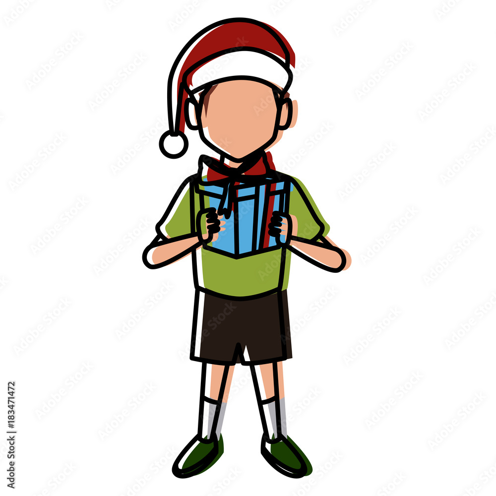 Boy with christmas giftbox icon vector illustration graphic design
