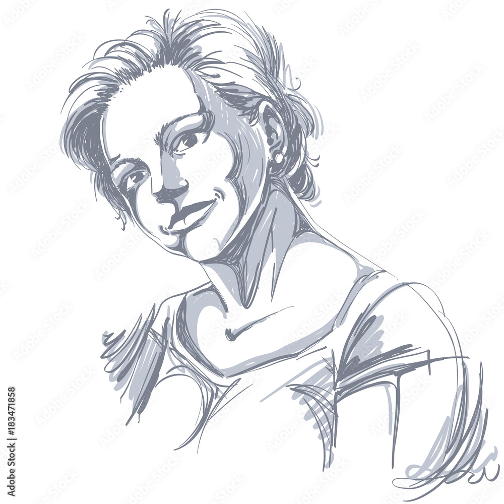 Hand-drawn vector illustration of beautiful romantic woman. Monochrome image, expressions on face of young lady. Hand-drawn vector illustration of beautiful romantic woman. Monochrome image, expressions on face of young lady.