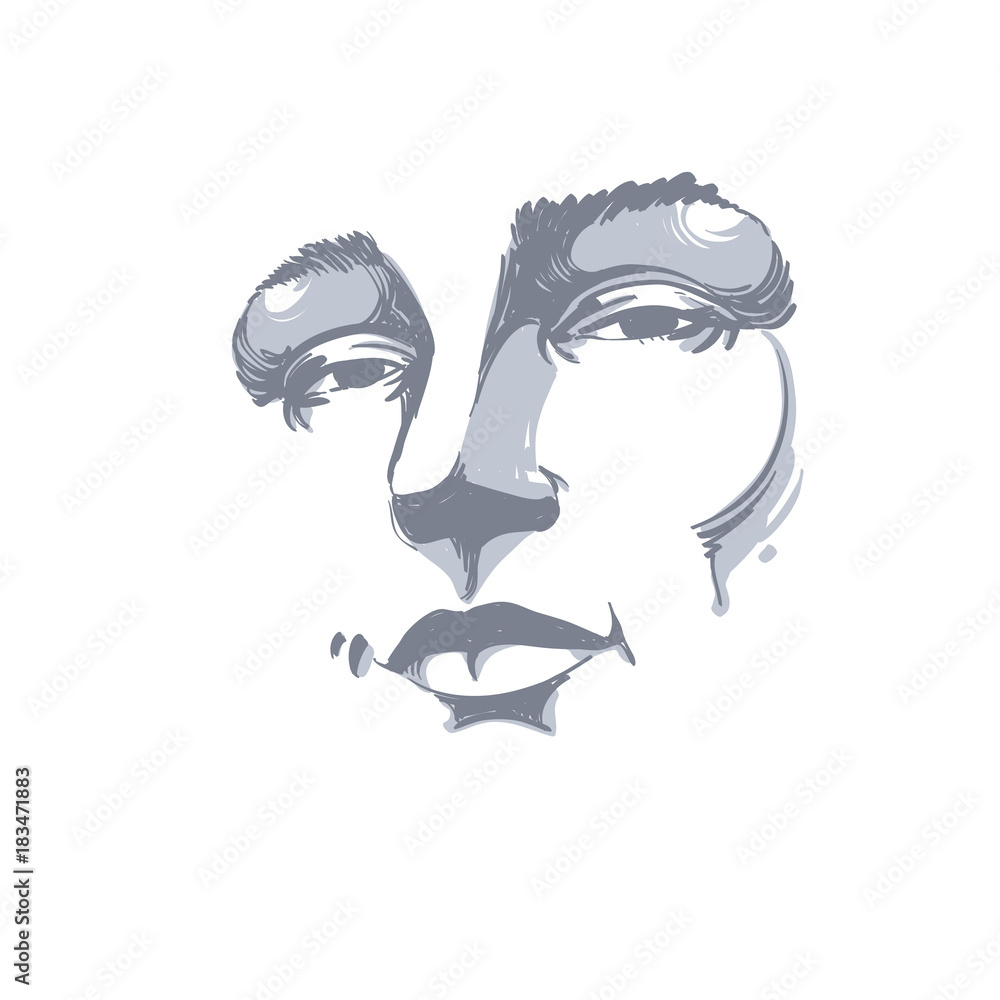 Fototapeta premium Hand-drawn monochrome portrait of white-skin flirting woman, face emotions theme illustration. Beautiful sexy lady posing on white background, girl with delicate face features.