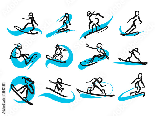 Set of sketched freestyle snowboarding people