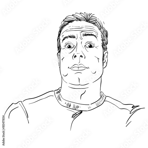 Artistic hand-drawn vector image, black and white portrait of impressed man. Emotions theme illustration, dazed guy.