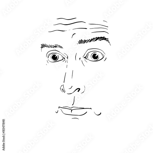 Artistic hand-drawn vector image, black and white portrait of blameworthy and regretful guy. Emotions theme illustration, visage features.