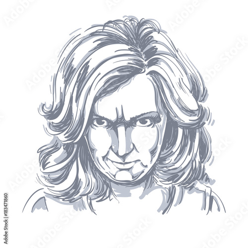 Hand-drawn portrait of white-skin arrogant woman with wrinkles on her forehead, face emotions theme illustration. Angry lady posing on white background.
