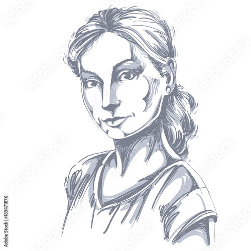 Hand-drawn art portrait of white-skin romantic woman, face emotions theme illustration. Beautiful lady posing on white background, tenderness.