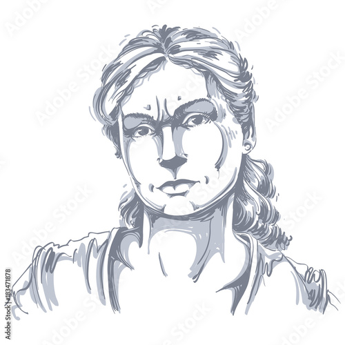 Hand-drawn portrait of white-skin doubtful woman, face emotions theme illustration. Skeptic or angry lady with wrinkles on her forehead posing on white background.