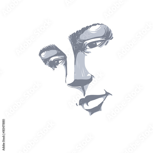 Hand-drawn portrait of white-skin sorrowful woman, sad face emotions theme illustration. Beautiful melancholic lady posing on white background, face features.