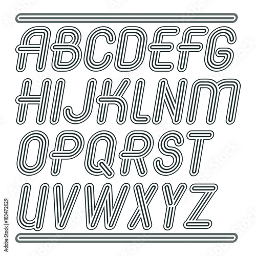 Set of trendy modern vector capital alphabet letters isolated. Disco cursive font for use as business poster design elements. Created using geometric triple stripes.