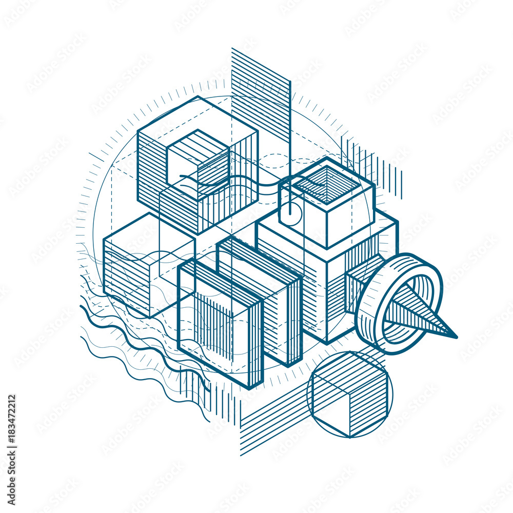 Abstract background with isometric lines, vector illustration. Template made with cubes, hexagons, squares, rectangles and different abstract elements.