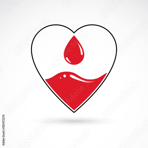 Vector red heart with blood circulation inscription. Medical theme vector graphic symbol.