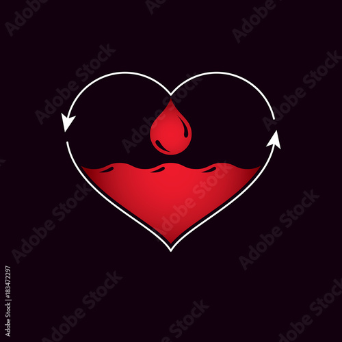Vector illustration of heart shape with arrows and drops of blood. Blood circulation concept, rehabilitation creative symbol isolated on white.