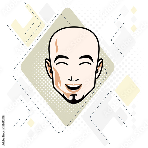 Caucasian man face, vector human head illustration. Attractive hairless male with beard, hipster