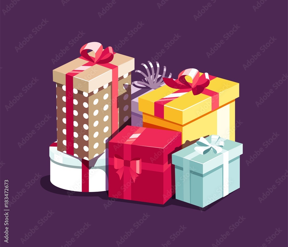 Obraz premium Pile of colorful gift boxes. Vector illustration