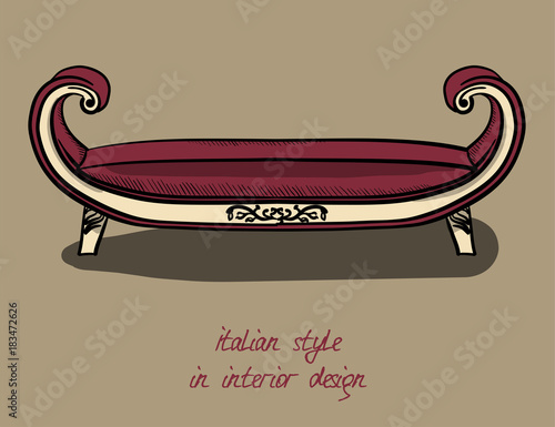 A small sofa without a backrest with armrests, a banquet in purple and beige colors. Italian style in interior design eps 10 illustration