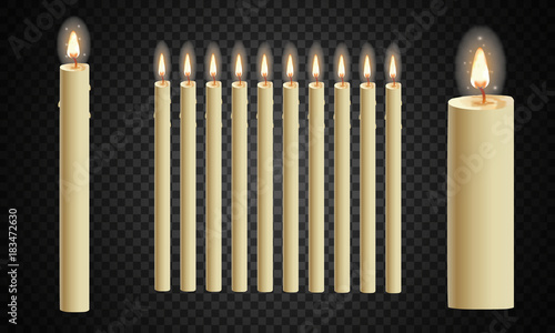 3d set realistic paraffin candles isolated on transparent background. Vector illustration