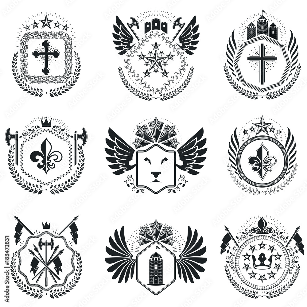 Fototapeta premium Heraldic designs, vector vintage emblems. Coat of Arms collection, vector set.