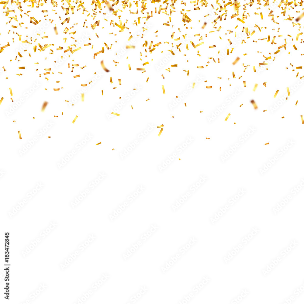 Christmas golden confetti. Falling shiny confetti glitters in gold color. New year, birthday, valentines day design element. Holiday background. - obrazy, fototapety, plakaty 