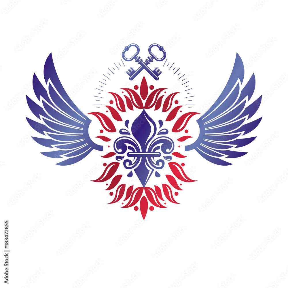 Fototapeta premium Vintage heraldic vector insignia composed with lily flower symbol and security keys. Royal guard theme illustration, winged design element.