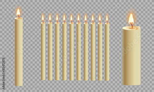 3d set realistic paraffin candles isolated on transparent background. Vector illustration