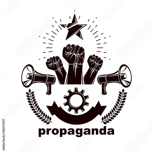 Vector leaflet created using clenched fists raised up, megaphones equipment and engineering cog wheel element. Dictatorship and manipulation theme, totalitarianism as the evil power.