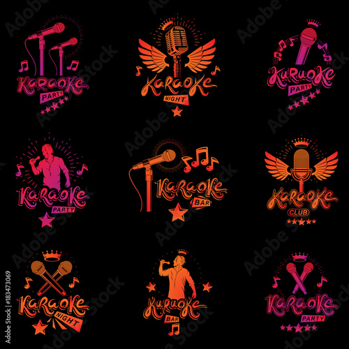 Set of social telecommunication theme logotypes  emblems and posters. Earth globe  microphones and megaphones devices vector illustrations created with news writing.