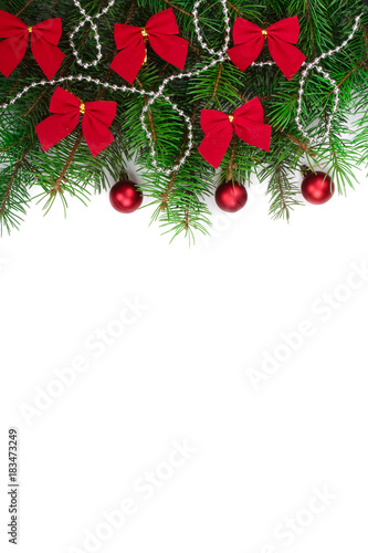 Christmas background with balls and decorations isolated on white with copy space for your text. Top view