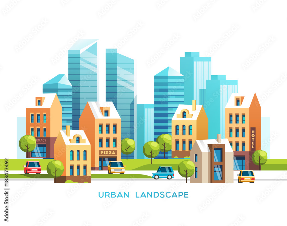 Urban summer landscape. City with skyscrapers and traditional buildings and houses, trees, cars. Vector illustration.
