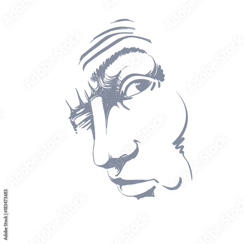 Vector drawing of drunk man or gambler with wrinkles on his forehead. Black and white portrait of tricky guy, mask with features.
