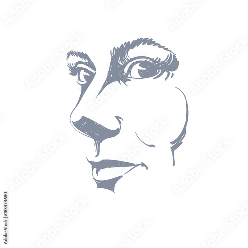 Vector drawing of pensive woman thinking about something. Black and white portrait of attractive still lady, visage features.