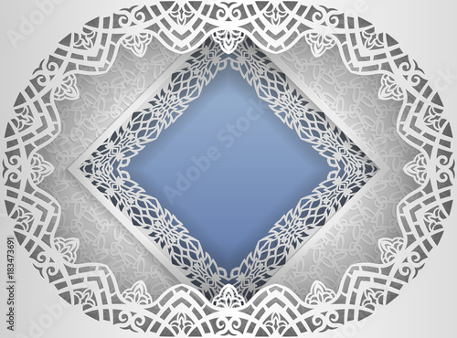 Square white frame in an oval frame with lace edges and a abstract background inside. Template for wedding and other congratulations. In the middle there is space for text, pictures, photos. Vector.