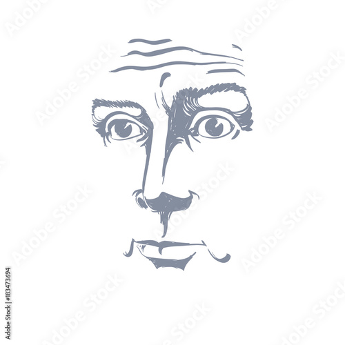 Artistic hand-drawn vector image, black and white portrait of blameworthy and regretful guy. Emotions theme illustration, visage features.