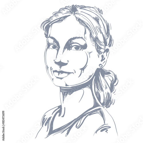 Portrait of delicate good-looking still woman, black and white vector drawing of peaceful and tender girl. Emotional expressions idea image, pretty model posing.