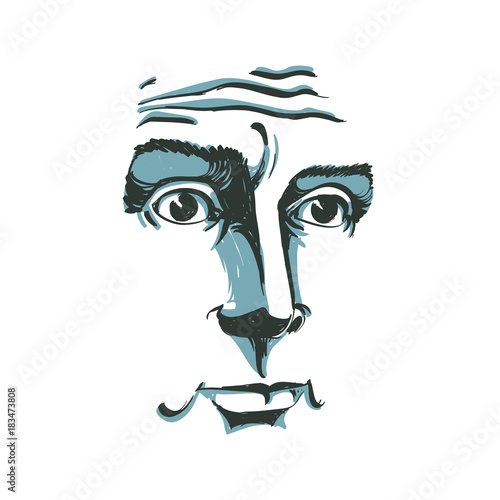 Artistic hand-drawn vector image, black and white portrait of blameworthy and regretful guy. Emotions theme illustration, visage features.
