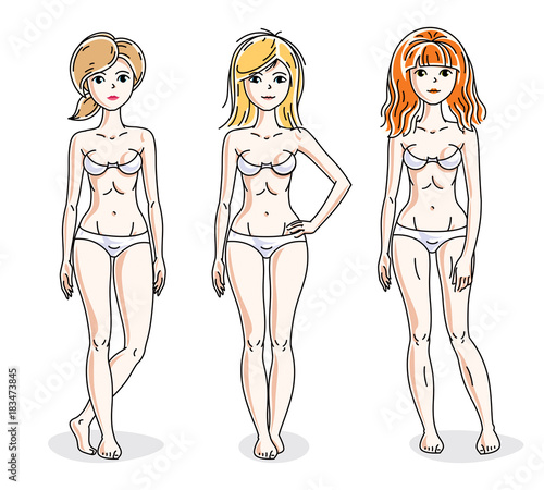 Happy cute young women standing in white underwear. Vector characters set.