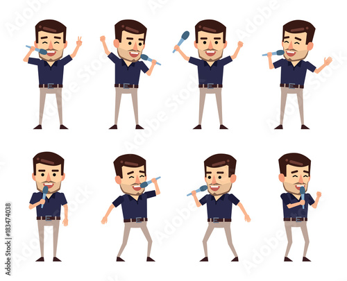 Set of stylish businessman characters posing with microphone in various situations. Cheerful man karaoke singing. Flat style vector illustration