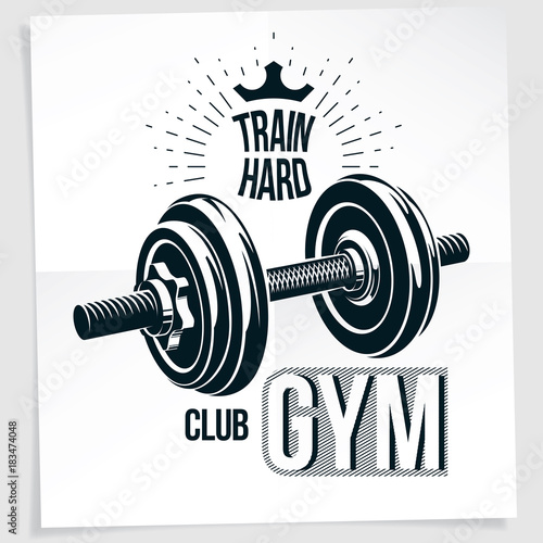 Weight-lifting championship vector promotion flyer created with disc weight dumbbell and royal crown. Train hard lettering.
