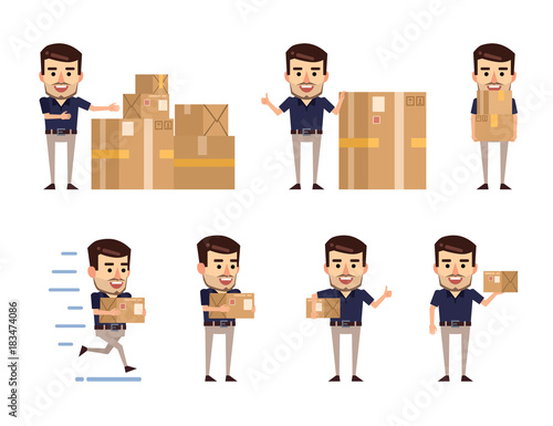 Set of stylish businessman characters posing with parcel box. Cheerful man holding package, showing thumb up gesture, running and showing other actions. Flat style vector illustration