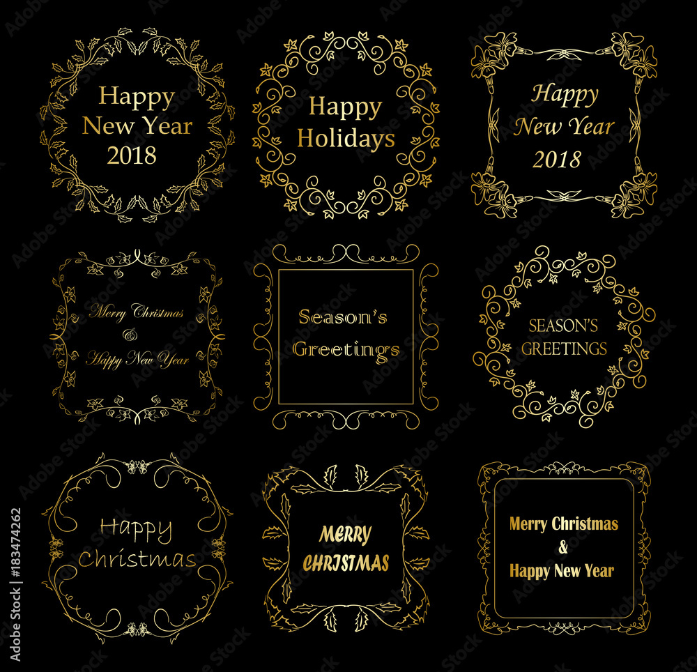 golden decorative frames with christmas greetings - vector set