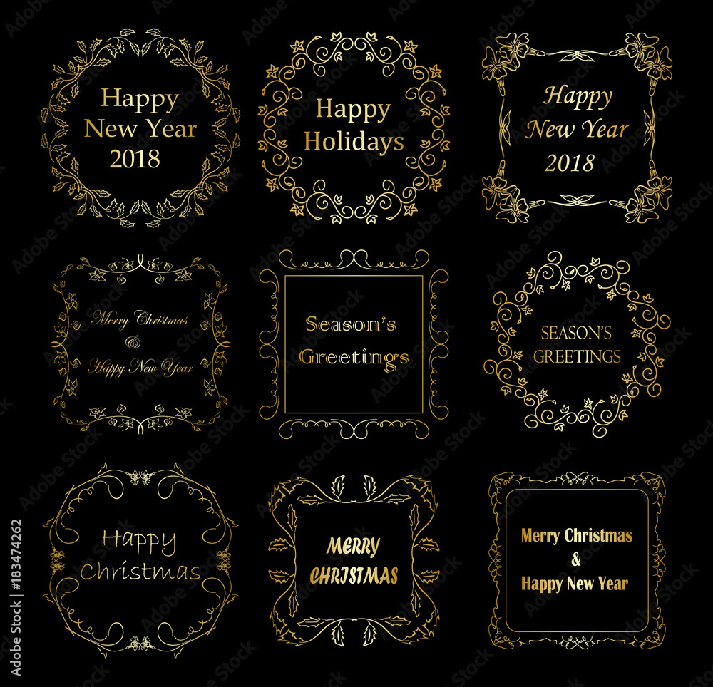 golden decorative frames with christmas greetings - vector set golden decorative frames with christmas greetings - vector set