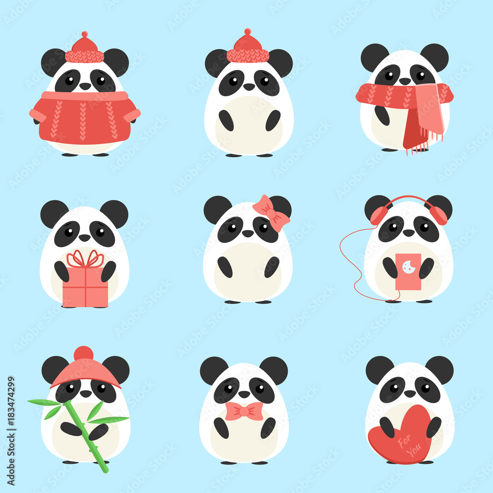 Vector set pandas in warm clothes with different subjects: bamboo, hat, scarf, gift, heart, bow. Cartoon cute illustration