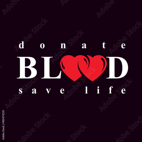 Volunteer donorship, healthcare and medical treatment conceptual logo composed with red heart shape and blood drops.