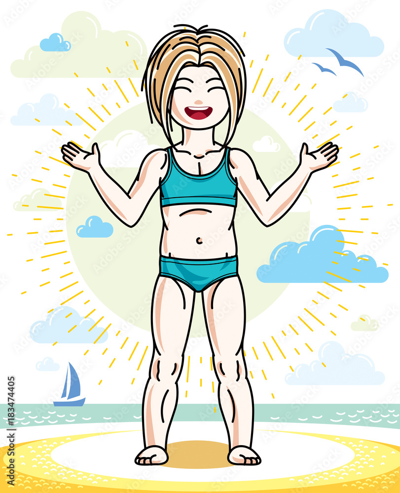 Happy little fair-haired girl posing on sunny beach and wearing bright bathing suit. Vector character.