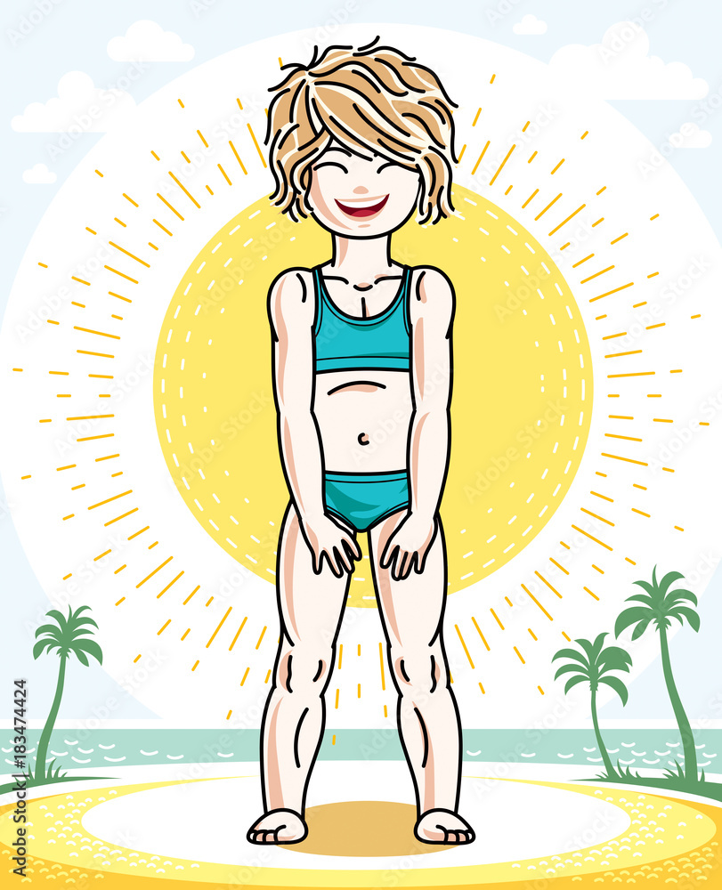Beautiful little blonde girl posing on tropical beach with palms. Vector kid illustration. Summer holidays theme.