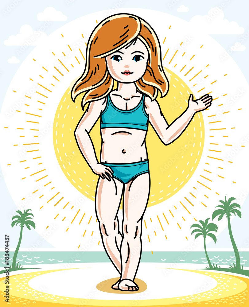 Beautiful little red-haired girl posing on tropical beach with palms. Vector kid illustration. Summer holidays theme.