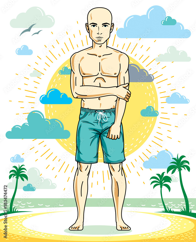Handsome hairless young man standing on tropical beach in bright shorts. Vector athletic male illustration. Summer vacation lifestyle theme cartoon.