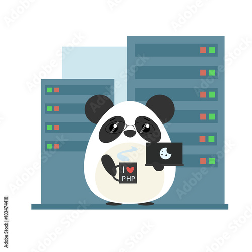 Fototapeta Naklejka Na Ścianę i Meble -  Anthropomorphic panda - programmer standing with computer and coffee in server room. Cute vector illustration