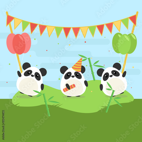 Fototapeta Naklejka Na Ścianę i Meble -  Cartoon illustration of three cute pandas with balloons and falgs on green grass. Flat design for children