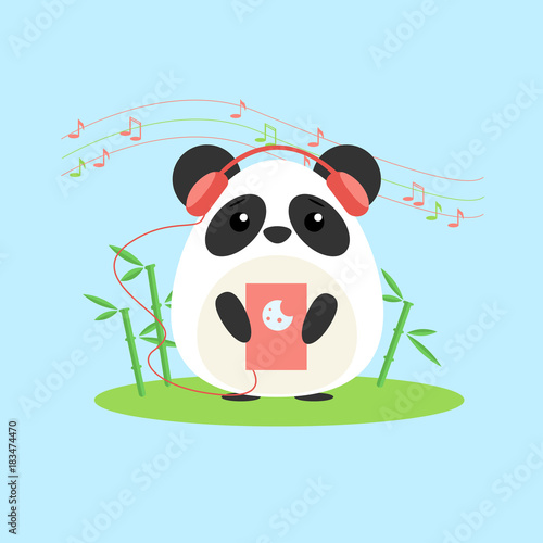 Fototapeta Naklejka Na Ścianę i Meble -  Vector illustration of anthropomorphic panda who listens to music from device. Cute cartoon anime style