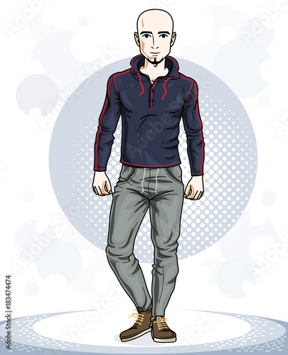 Confident handsome bald young sporty man standing. Vector illustration of male with beard and wearing sport clothes, sport style.